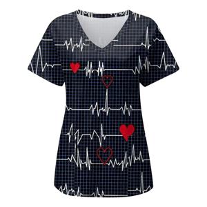 인쇄 스크럽 탑 여성용 포켓 v 넥 스크럽 유니폼 애완 동물 미용 간호사 스파 케어 셔츠 유니폼 de enfermería para mujer