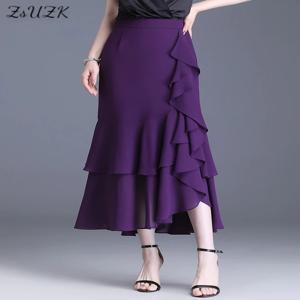ZUZK 패션 불규칙한 Fishtail 쉬폰 스커트 우아한 하이 웨스트 여름 럭셔리 파티 스커트 여성 프릴 롱 스커트