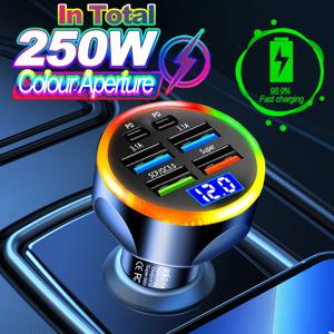 66-250W 차량용 충전기 빠른 충전 담배 라이터 어댑터 2-6 포트 USB-C iPhone Xiaomi Samsung 용 고속 충전 전화 충전기
