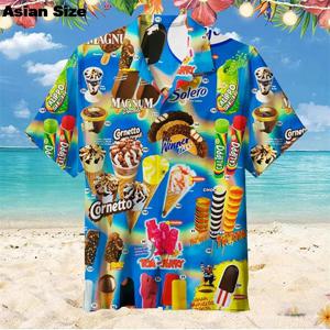 2025 남성용 하와이 셔츠 여름 콜드 아이스크림 반소매 셔츠 탑 캐주얼 아이스 캔디 블라우스 아이스크림 여성 버튼 의류