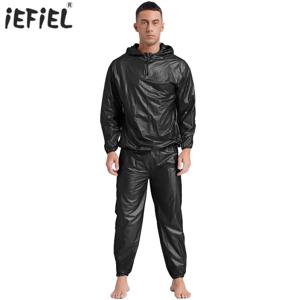 남성 스포츠 복장 사우나 땀 세트 긴 소매 후드 자켓 겉옷 및 긴 바지 체육관 운동 요가를위한 PVC 땀복
