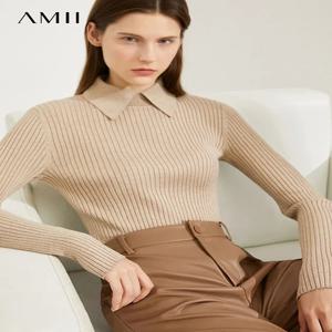 Amii 여성용 미니멀리즘 2024 스웨터, 기본 라펠 스트라이프 슬림 니트 탑, 솔리드 트렌디 블라우스 12444058, 오피스 레이디, 가을 신상