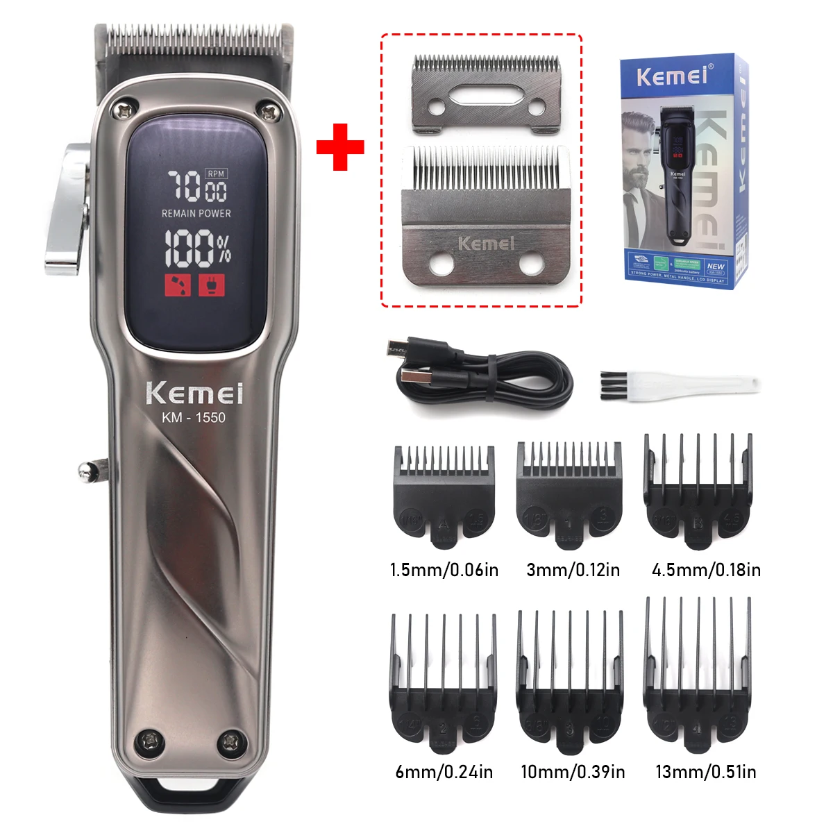 Kemei KM-1550 남성용 전문 헤어 클리퍼, LED 디스플레이, 저소음, 무선 USB 인터페이스, 헤어 커팅 머신, 헤어 트리머