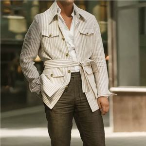 봄 의류 남성용 라이트 럭셔리 긴 소매 스트라이프 포켓 셔츠 캐주얼 스트리트웨어 버튼 다운 셔츠 (벨트 S-5XL 2025 신규)