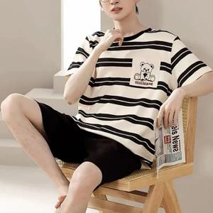 2 조각 세트 잠옷 남성 대형 청소년 잠옷 줄무늬 곰 홈웨어 남자 Nightwear Loungewear Comforts 통기성 캐주얼