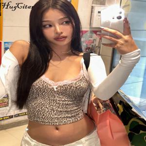 Hugcitar 2025 레오파드 프린트 슬립 보우 패치 워크 레이스 섹시 슬림 자르기 Camis 탑 여름 패션 여성 Y2K 의상 축제 파티