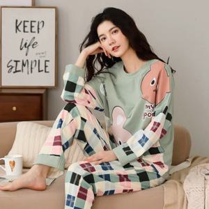 가을, 겨울 여성 정장 잠옷 긴팔 긴 바지 Homewear 투피스 세트 숙녀 만화 패턴 잠옷 Loungewear