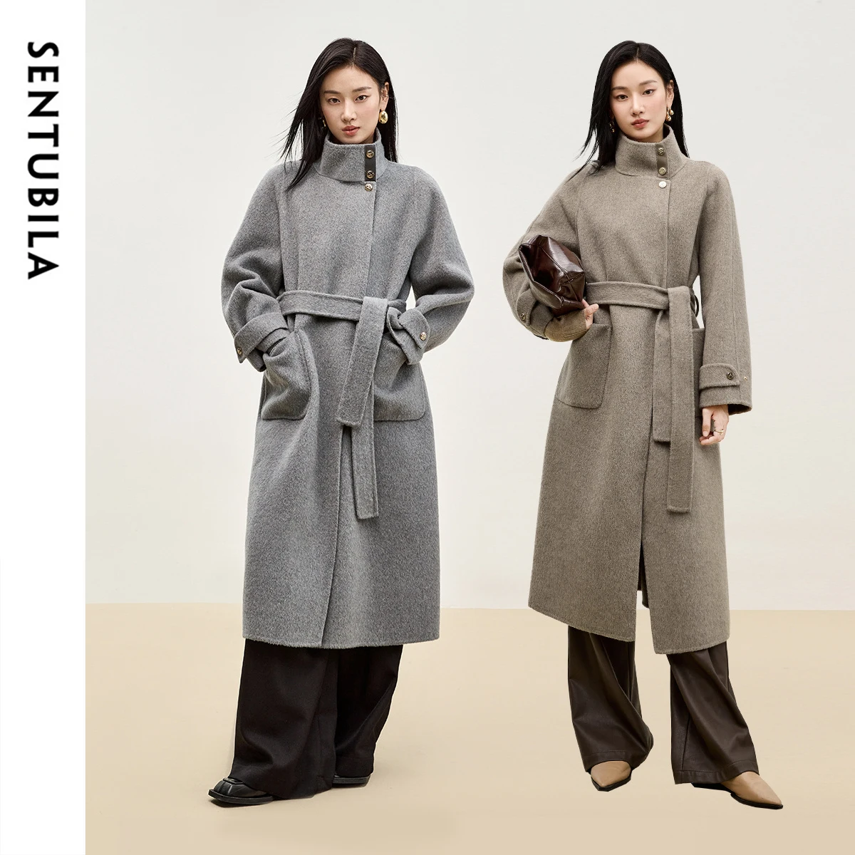 SENTUBILA 여성 울 블렌드 롱 코트 겨울 따뜻한 겉옷 2025 루즈핏 스탠드 넥 양면 벨트 오버코트 W44O56661