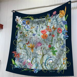 여성용 꽃 프린트 사각 실크 스카프, 에샤르페 실크 폴라드, 팜므 랩, 비치 숄, 반다나, 레이디 히잡, 90cm