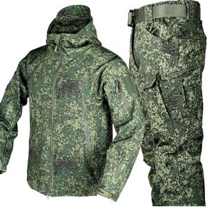 Mens Camo 전술 세트 Sharkskin 방수 후드 지퍼 자켓 멀티 포켓 Softshell 야외 바지 겨울 양털 카고 슈트