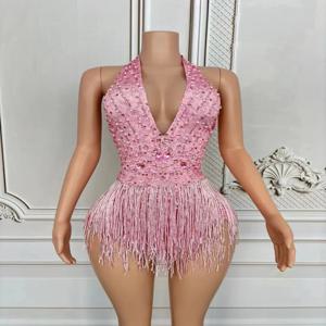 섹시한 딥 V 핑크 태슬 점프수트, 고고 여성 가수 무대 칼라 댄스 코스튬, 자동차 쇼 모델 퍼포먼스, 유럽 및 미국