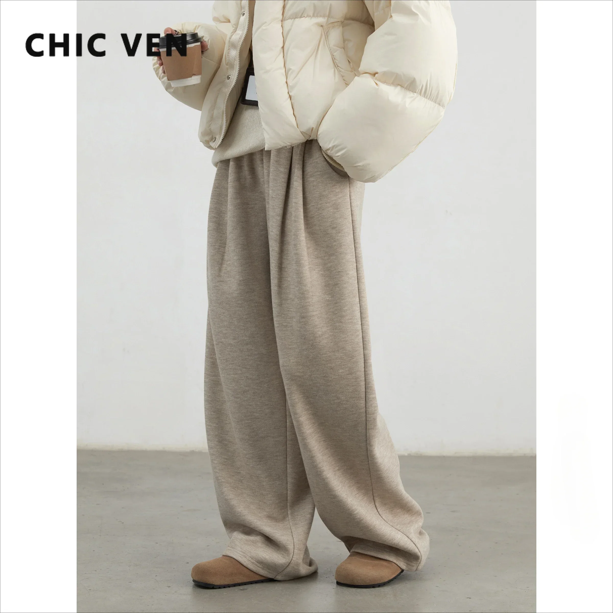 CHIC VEN 여성용 하이 웨이스트 플리츠 캐주얼 바지, 부드러운 와이드 레그 팬츠, 두꺼운 스포츠 바지, 솔리드 플러시 겨울 2024, 신상