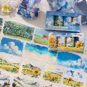 4 롤/200 cm 애완 동물 Washi 테이프 꽃 풍경 식물과 꽃 애호가를위한 장식 테이프 세트 일기 미적 편지지 스티커