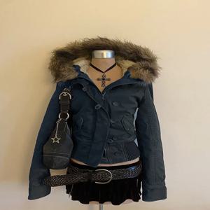 패셔너블한 빈티지 브라운 플리스 안감 재킷 여성 슬림핏 아우터웨어 하프 슬립 걸 오리지널 디자인 모자 부착 지퍼 클로저