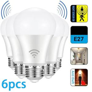6pcs 레이더 모션 센서 전구 220V 110V E27 LED 램프 스마트 적외선 전구 6W 9W 12W 15W 18W 20W 밤 어둠에서 작업