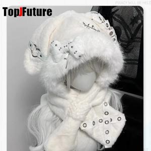 여성용 일본 하라주쿠 Y2K 소녀 레이스 모자, 고딕 토끼 귀, 따뜻한 니트 솜털 본 모자, 따뜻한 스카프, 비니 모자, 겨울