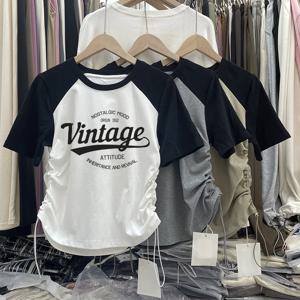 아메리칸 스타일 숄더 인서트 티셔츠 여성 여름 숏 드로스트링 탑 플러스 사이즈 빈티지 하이 웨이스트 비대칭 반팔