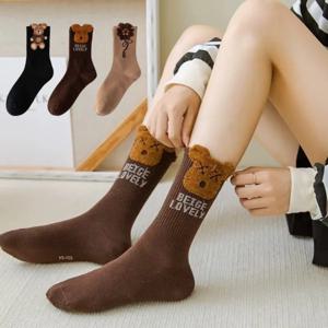 1 3 6 쌍 여성용 만화 곰 중간 길이 양말 - 패션 3D 프린트 레터 부드럽고 편안한 캐주얼 크루 양말 EU 35-40