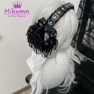 미쿤 하라주쿠 여성용 플러시 귀마개, 고딕 소녀, 검은 털 깃털 귀마개, 펑크 리벳 활, 접이식 겨울 따뜻한 귀마개