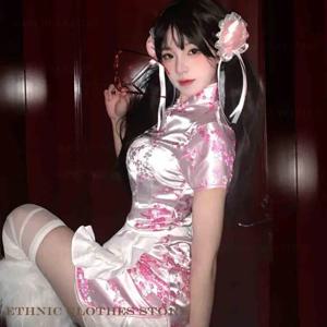 중국 전통 원피스 치파오 플러스 사이즈 실크 새틴 치파오, 애니메이션 코스프레 의상, 소녀 Y2K 섹시한 미니 중국 스타일 베스티도