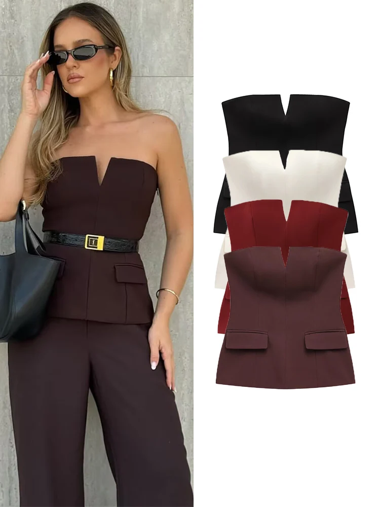 TFMLN 봄 여름 여성 Strapless Crop 2025 탑 기본 민소매 Office Lady Tops Trend Street 클래식 솔리드 튜브 탑