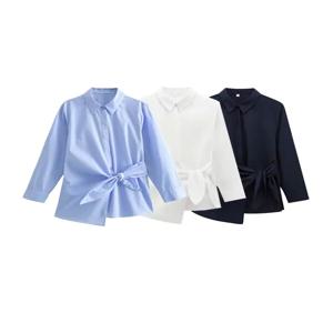 여성용 시크 긴팔 버튼업 블라우스 패션 리본 셔츠 스타일리시 여성 상의