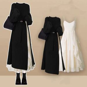 여성 봄 가을 긴 분할 스웨터 슬링 드레스 두 조각 세트 레이디 우아한 블랙 니트 의류 민소매 드레스 의상