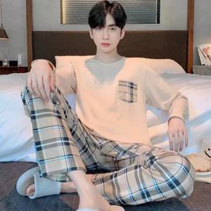 플러스 사이즈 남성 잠옷 세트 봄과 여름 격자 무늬 솔리드 컬러 청소년 잠옷 Homewear 탑과 바지 Nightwear Loungewear