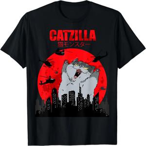 재미 있은 귀여운 예술 일본 고양이 그래픽 고양이 애호가 Catzilla 티셔츠 그래픽 T 셔츠 여성 의류 패션