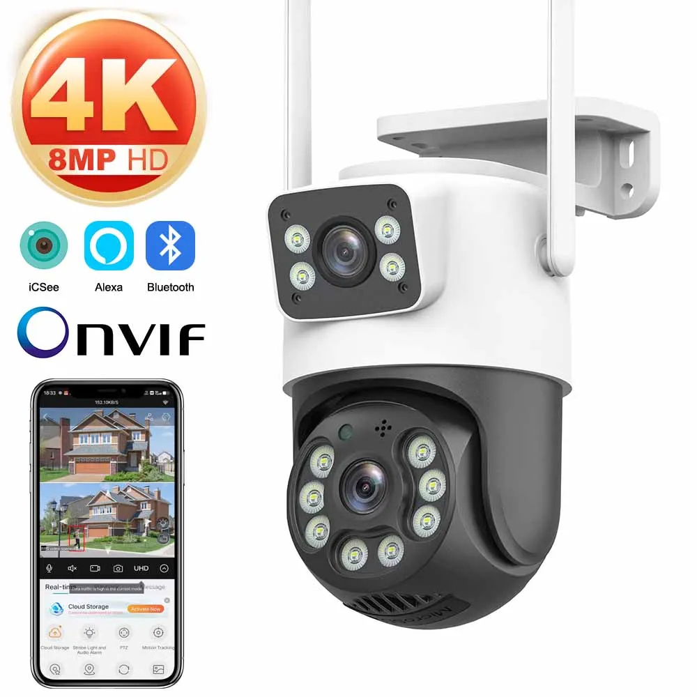 8MP 4K iCSee WiFi 카메라 PTZ 듀얼 스크린 자동 추적 야간 투시 CCTV 감시 카메라 실외 6MP 보안 IP 카메라