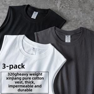 [3팩] 320g 헤비 코튼 민소매 티셔츠 남성 및 여성 단색 루즈 아메리칸 캐주얼 바닥 셔츠 여름 조끼