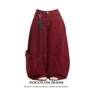 스트리트 빈티지 청바지 새로운 Y2K 하라주쿠 워시 레드 스트리트웨어 헐렁한 청바지 데님 바지 남성 여성 하이 웨이스트 와이드 바지 2025