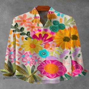 2025 봄, 가을 남성 패션 스탠드 칼라 리넨 긴팔 셔츠 우아한 조각난 패턴 프린트 탑