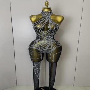 재고 2025 여성 반짝 이는 다이아몬드 섹시한 메쉬 점프 슈트 나이트 클럽 바 파티 쇼 고고 댄서 의류 드래그 퀸 복장 무대 의상