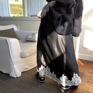 새틴 레이스 패치 워크 미디 스커트 2025 여성 a 라인 우아한 부드러운 스커트 여성 의류