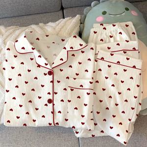 봄과 가을 새로운 여성 잠옷 Loungewear 세트 소녀 사랑 카디건 잠옷 Crinkled Fabric Loungewear 긴 소매 세트