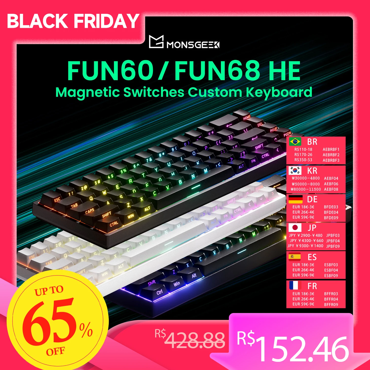 아코 몬스긱 FUN68 FUN60 PRO&MAX HE 마그네틱 키보드 60% 65% 게이밍 키보드 래피드 트리거 8K 커스텀 키보드 게이머 e스포츠