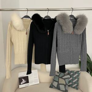 니트 패치 워크 리얼 모피 여성 봄 달콤한 모피 트림 후드 니트 자른 가디건 슬림 지퍼 스웨터 가을 레이디