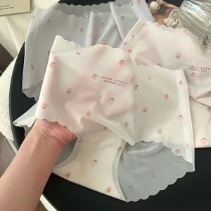 귀여운 얼음 실크 원활한 팬티 여름 울트라 얇은 팬티 딸기 인쇄 통기성 여성 속옷 부드러운 란제리 팬티
