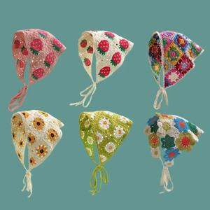 한국어 달콤한 귀여운 수제 크로 셰 뜨개질 중공 삼각형 머리띠 타월 여성용 꽃 머리 스카프 헤어 액세서리