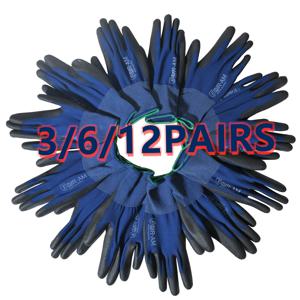 3/6/12쌍 초박형 PU 코팅 작업 장갑, 뛰어난 그립감, 나일론 쉘 검정색 폴리우레탄 코팅 안전 작업 장갑