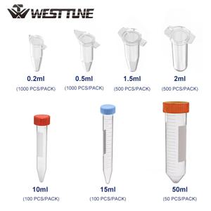 스냅 캡이 있는 WESTTUNE 플라스틱 원심분리기 튜브 0.2ml 0.5ml 1.5ml 2ml 10ml 15ml 50ml 마이크로 스케일 PCR 튜브 샘플 실험실 용기