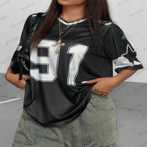 여름 뉴 블랙 스피드 91 프린트 티셔츠 여성용 v 넥 패치 워크 반소매 스포츠 축구 유니폼 Y2K 루즈 오버 사이즈상의