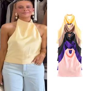 TFMLN 여성을위한 우아한 홀터넥 탑 봄 여름 섹시한 백 레스 하이 스트리트 양복 조끼 여성 패션 솔리드 홀터넥 넥 탑