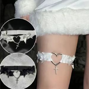 조정 가능한 탄성 가터 초커 다리 스트랩 보우 & 할로우 하트 크로스 참 펑크 코스프레 BDSM 섹시한 레이스 액세서리 1PCS