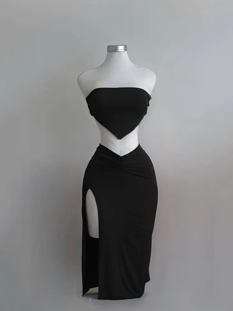 Strapless Backless 자르기 탑 하이 웨스트 스커트 2 조각 세트 여성 여름 섹시 슬림 피트 스플릿 미디 드레스 튜브 정장 파티 클럽 세트