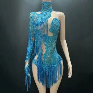 라틴 댄스 재능 공연 의류 여성 그룹 무대 노래 클롯 싱글 슬리브 술 패션 하이 컷 점프 슈트