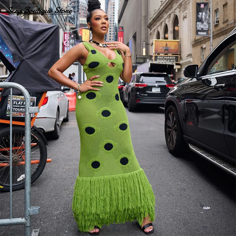 여성 섹시한 니트 맥시 드레스를 통해 볼 딥 넥 냄비 가운 술 밑단 포크 파티 베스 티드 2025 뉴 레이디 클럽 드레스