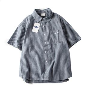 레트로 일본식 자수 반팔 남성용 스트라이프 셔츠 캐주얼 루즈 커플 코튼 스웨트셔츠 반팔 재킷