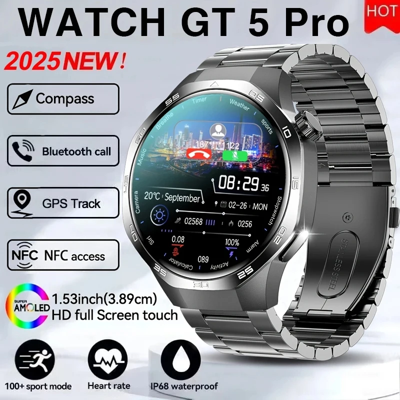2025 신형 GT5 Pro GPS 트랙 컴퍼스 스마트워치 남성용 360*360 AMOLED 화면 NFC BT 통화 방수 건강 모니터 남성 스마트워치